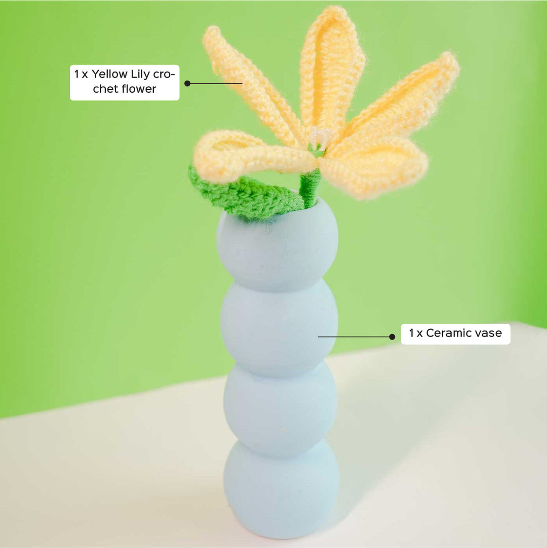 Handmade Crochet Yellow Lily With Stacked Tired Pottery Ceramic Vase