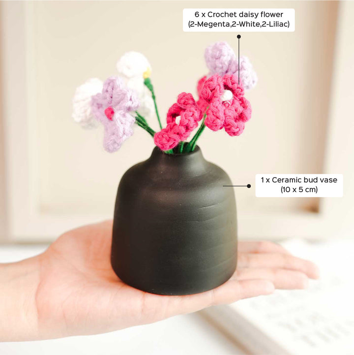 Handmade Crochet Mini Daisies With Black Bud Ceramic Vase