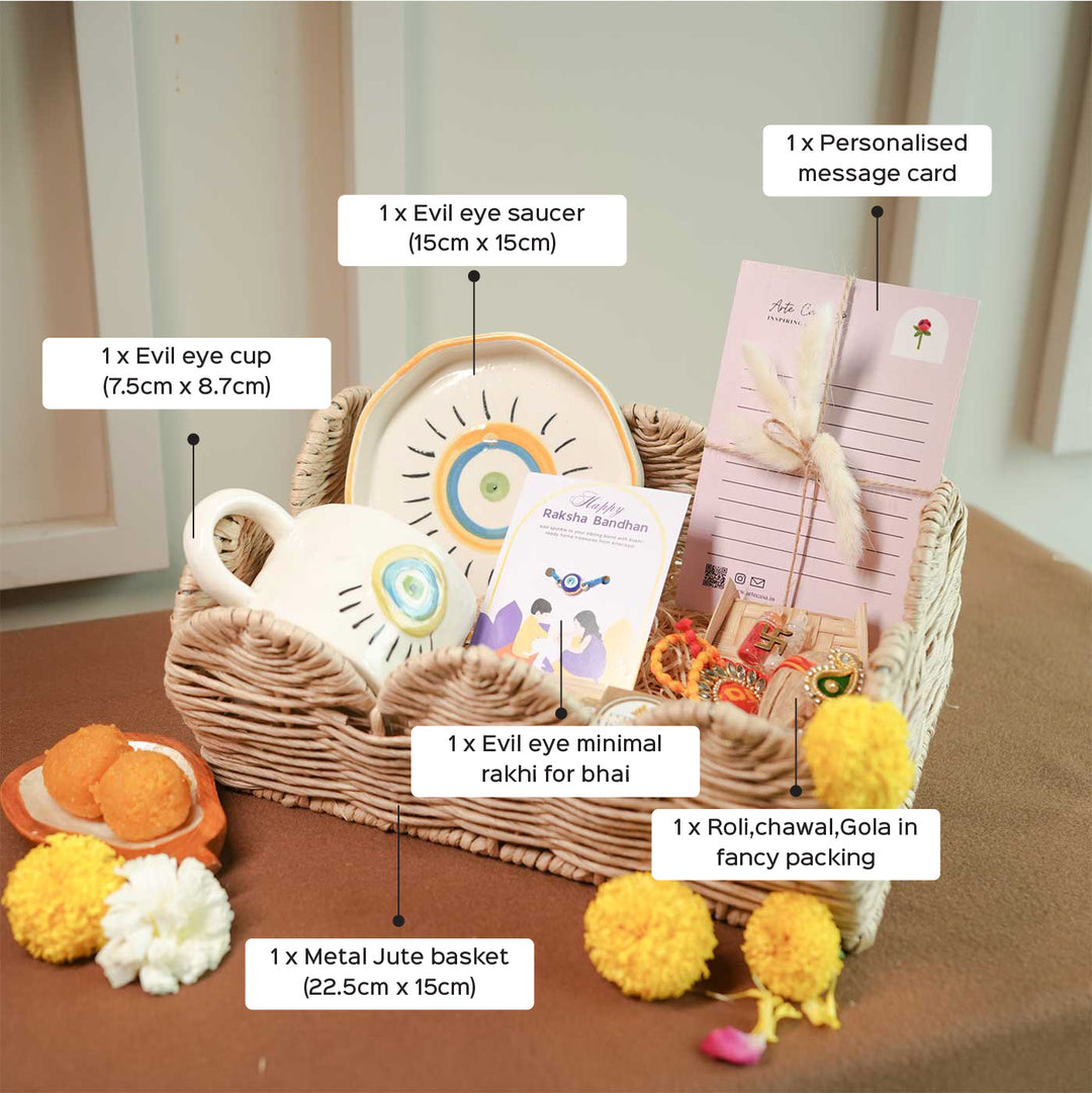 Personalized Handmade Evil Eye Design Guardians Blessing Rakhi Hamper Includes 1 Basket 1 Cup And Saucer 1 Rakhi 1 Roli Chawal And 1 Message Card - Labeled product component close-up