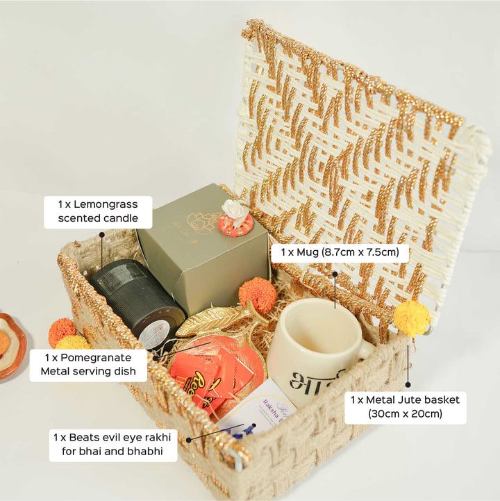 Personalized Handmade Rakhi Hamper | Includes 1 Basket, 1 Mug, 1 Candle, 1 Serving Bowl, 2 Rakhis, 1 Roli Chawal & 1 Message Card