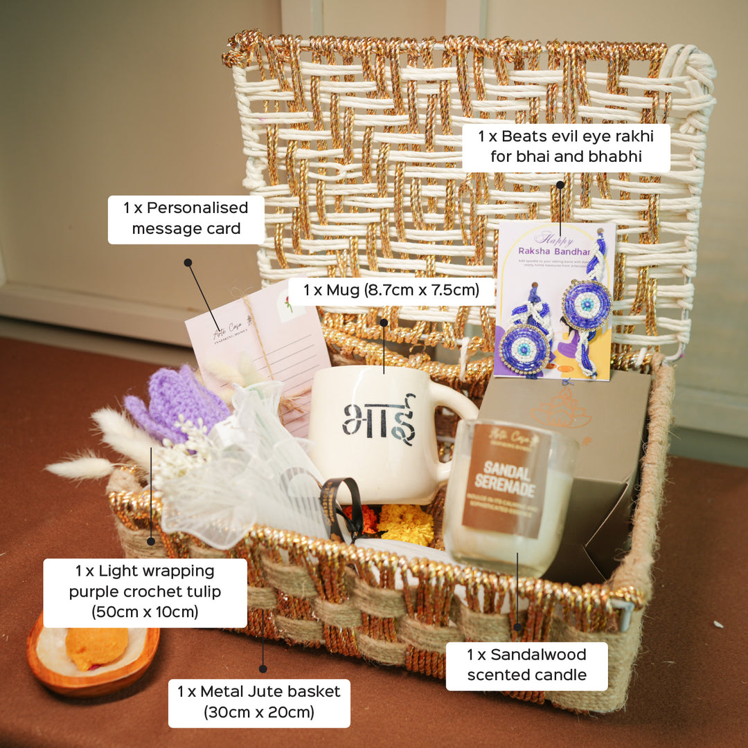 Personalized Handmade Crochet Evil Eye Theme Rakhi Hamper Includes 1 Basket 1 Mug 1 Candle 1 Crochet Flower 2 Rakhis 1 Roli Chawal And 1 Message Card - Contents Labeled Diagram