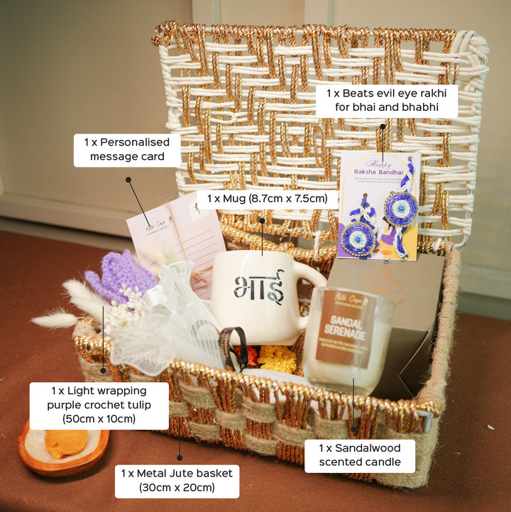 Personalized Handmade Crochet Evil Eye Theme Rakhi Hamper Includes 1 Basket 1 Mug 1 Candle 1 Crochet Flower 2 Rakhis 1 Roli Chawal And 1 Message Card - Contents Labeled Diagram