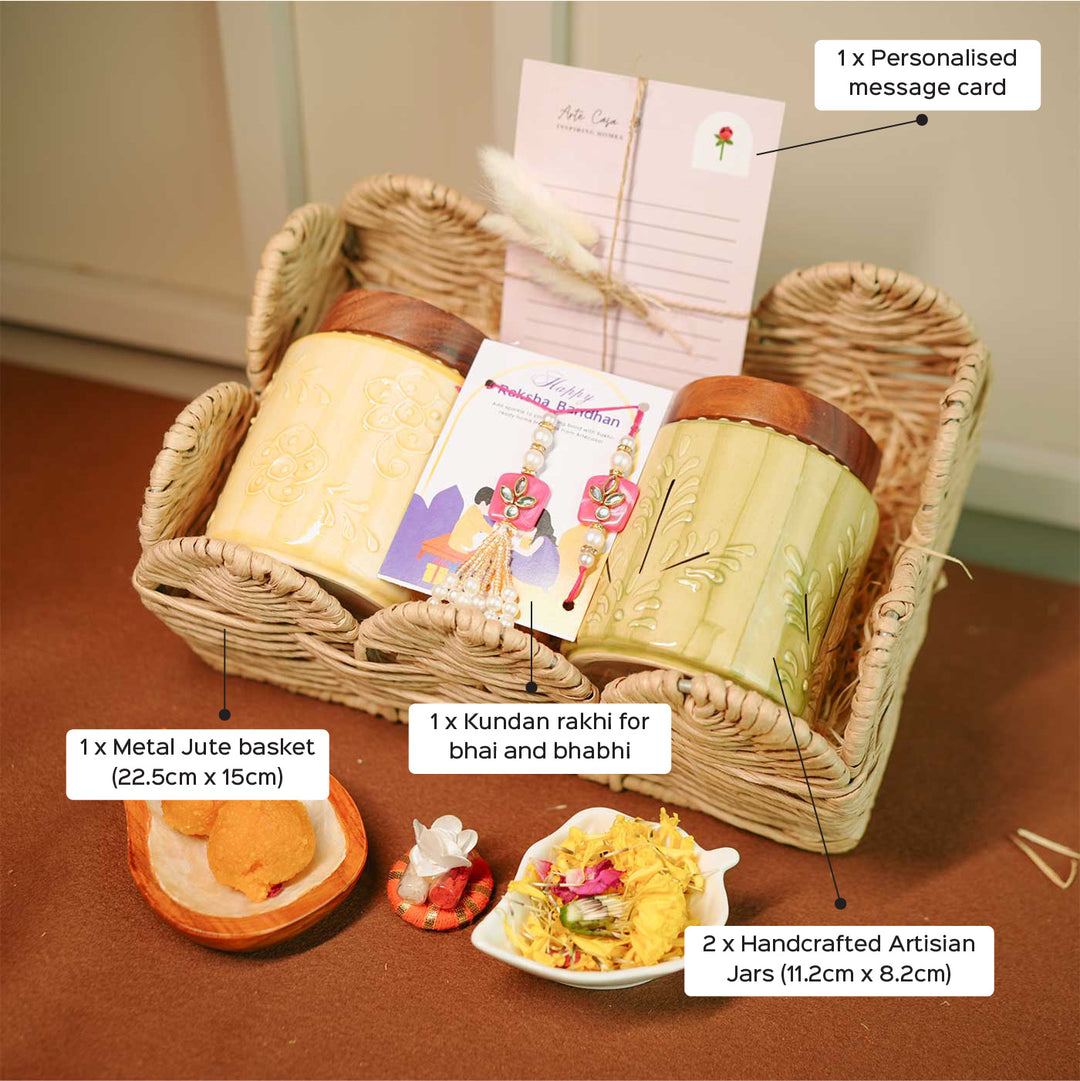 Personalized Handmade Rakhi Hamper Includes 1 Basket 2 Jars 2 Rakhis 1 Roli Chawal And 1 Message Card - Labeled Basket Contents and Dimensions
