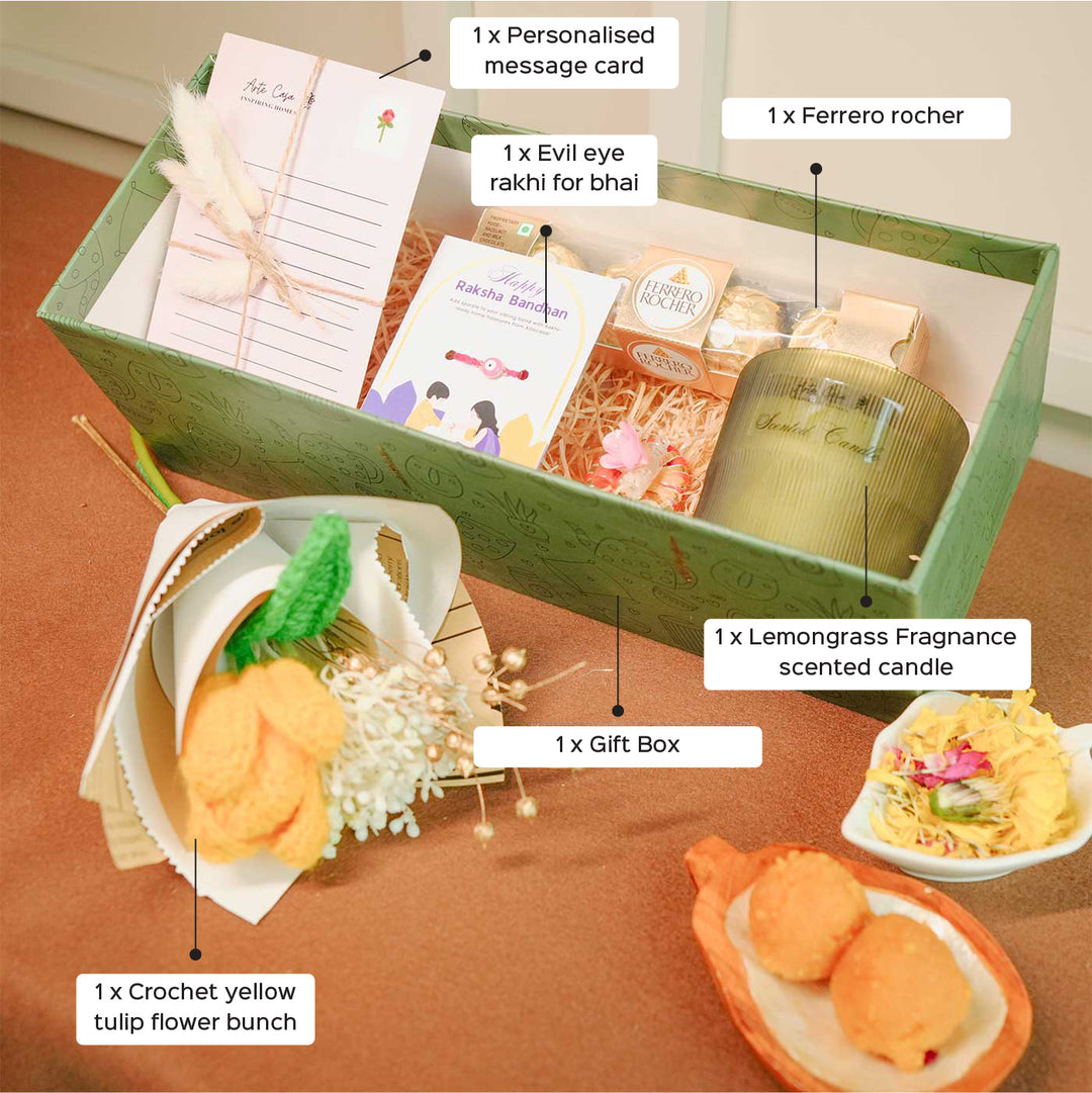 Personalized Handmade Crochet Flower Lover Rakhi Hamper Includes 1 Gift Box 1 Crochet Flower 1 Rakhis 1 Roli Chawal 1 Candle And 1 Message Card - Labeled Components of Gift Set