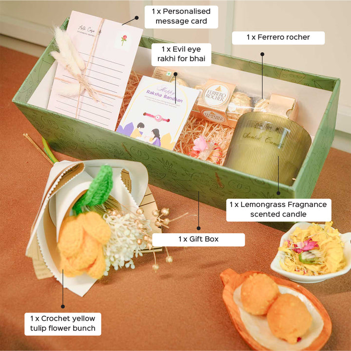 Personalized Handmade Crochet Flower Lover Rakhi Hamper Includes 1 Gift Box 1 Crochet Flower 1 Rakhis 1 Roli Chawal 1 Candle And 1 Message Card - Labeled Components of Gift Set