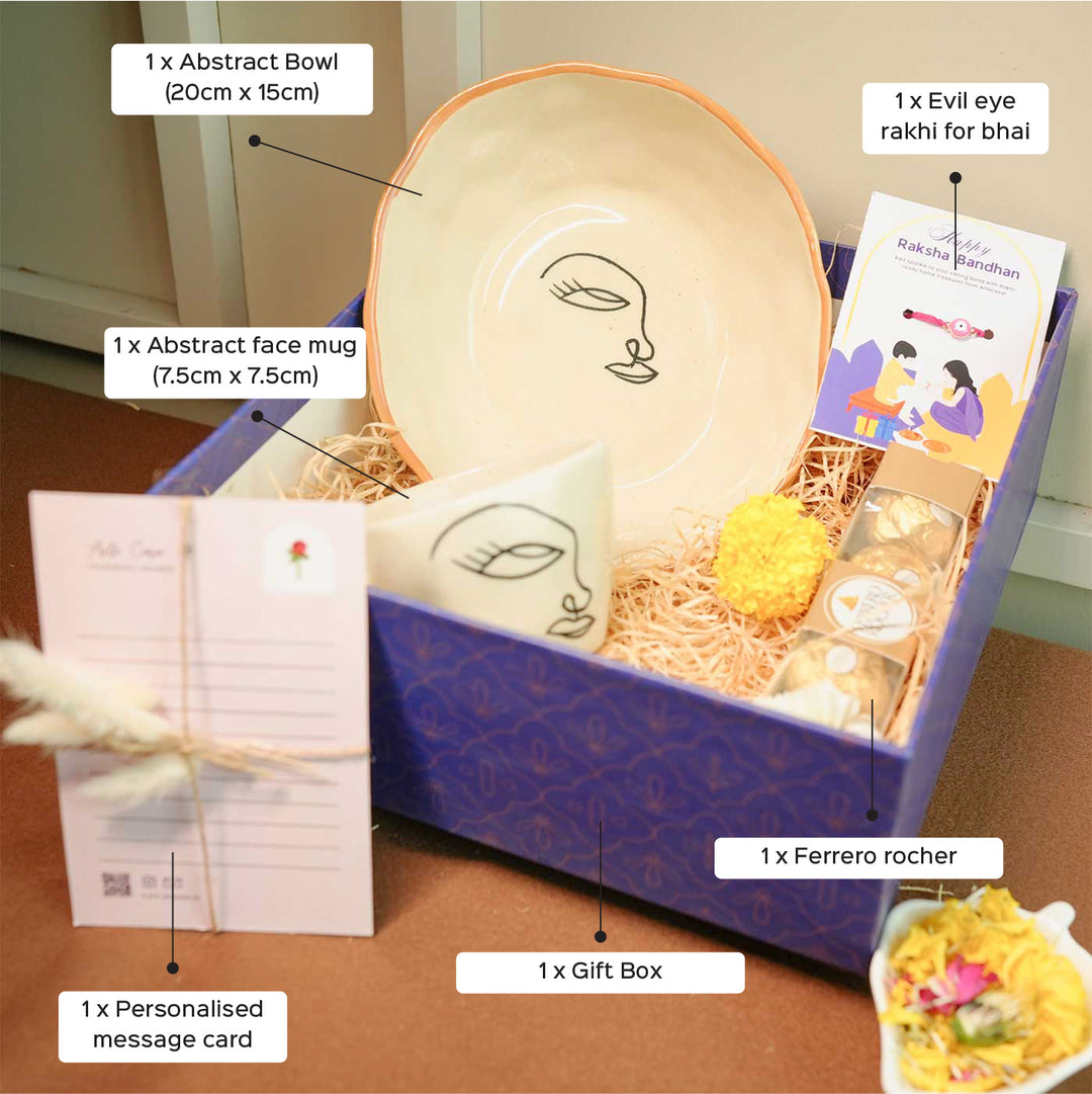 Personalized Handmade Food Lover Bhabhi Rakhi Hamper Includes 1 Gift Box 1 Mug 1 Bowl 1 Rakhis 1 Roli Chawal 1 Chocolate And 1 Message Card - Gift Box Contents Labeled