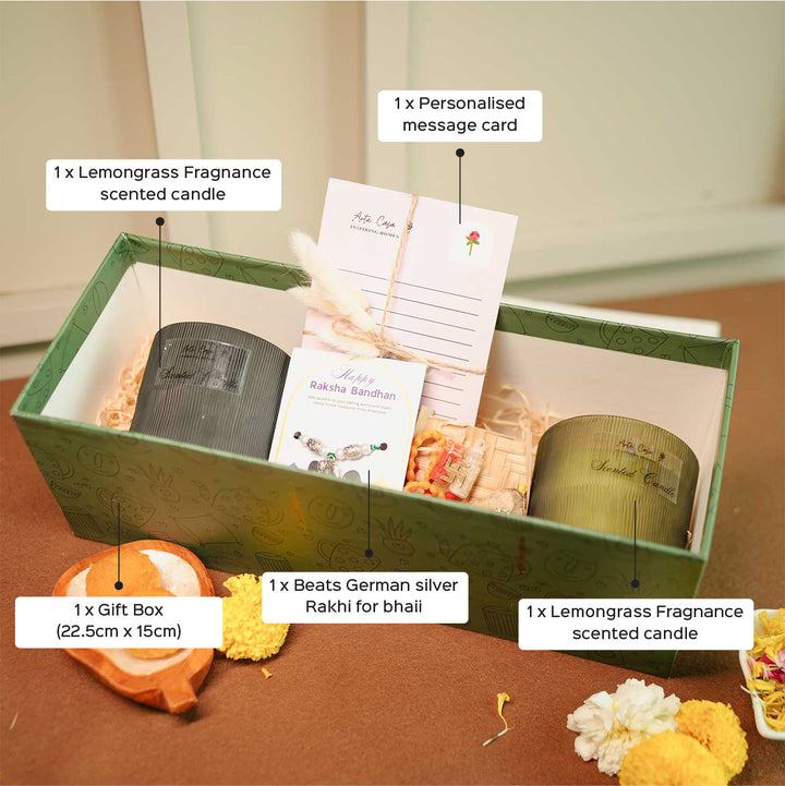 Personalized Handmade Fragrance Lover Rakhi Hamper Includes 1 Gift Box 1 Rakhis 1 Roli Chawal 1 Candle And 1 Message Card - Labeled Product Components Diagram