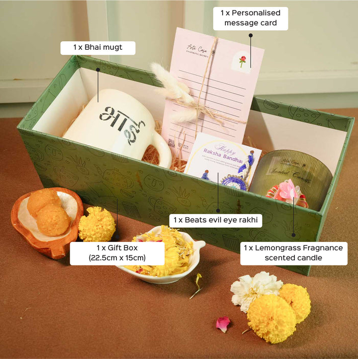 Personalized Handmade Love Theme Rakhi Hamper Includes 1 Gift Box 1 Mug 2 Rakhis 1 Roli Chawal 1 Candle And 1 Message Card - Gift Set Components Labelled