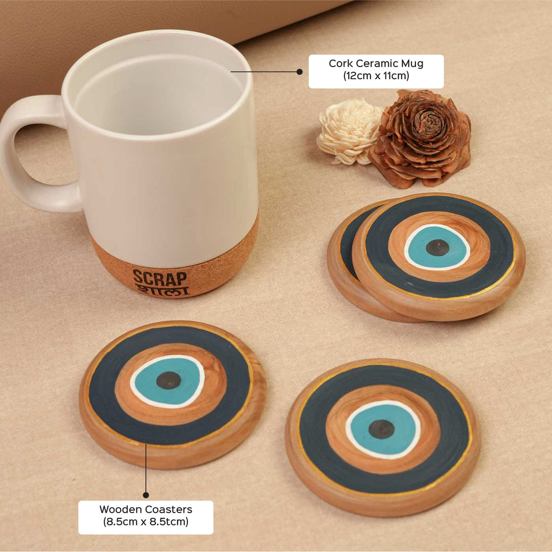 Handmade Sukoon Gift Hamper | Includes Cork Ceramic Mug, Evil Eye Wooden Coasters, Seed Card And Outer Box