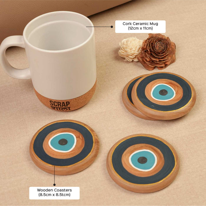 Handmade Sukoon Gift Hamper | Includes Cork Ceramic Mug, Evil Eye Wooden Coasters, Seed Card And Outer Box