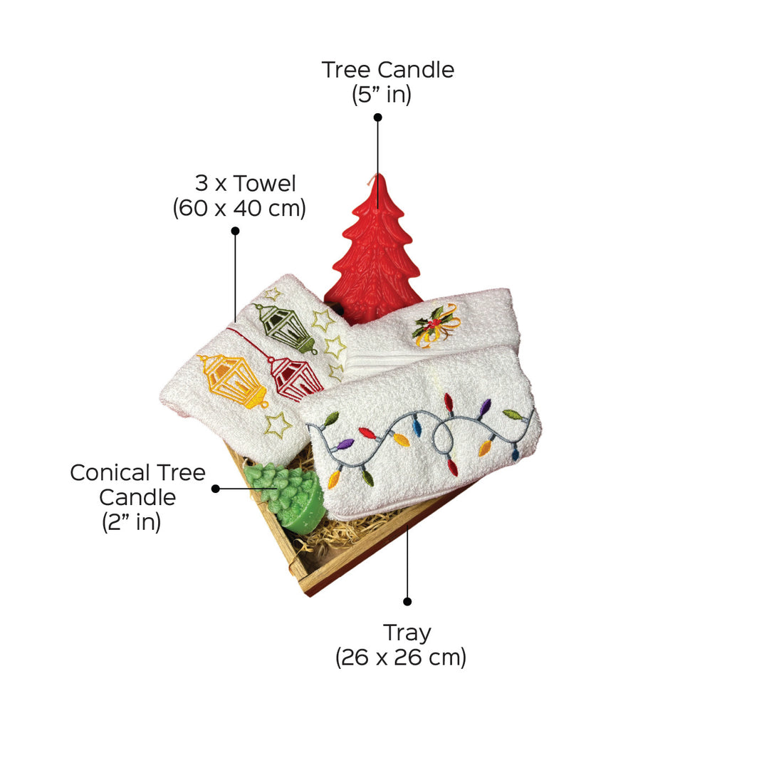 Personalized Lantern, Candles, Fairy Lights & Holly Leaves Embroidered Towel & Candle Hamper | Xmas Gifting Ideas | Set Of 6
