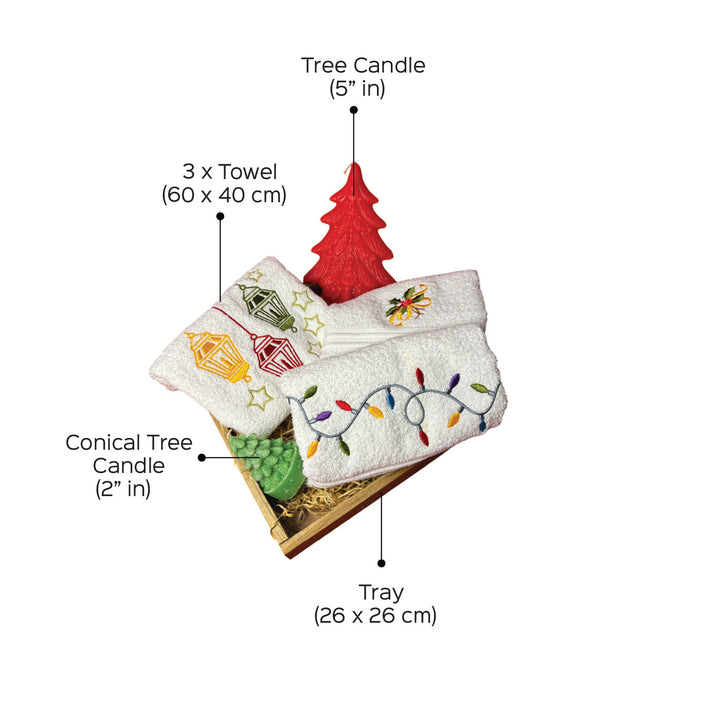 Personalized Lantern, Candles, Fairy Lights & Holly Leaves Embroidered Towel & Candle Hamper | Xmas Gifting Ideas | Set Of 6