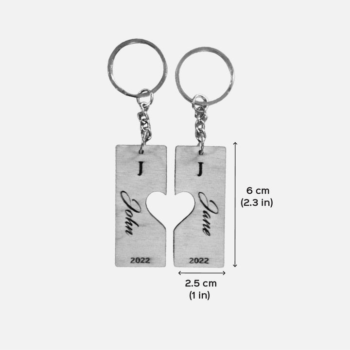 2 Pc | Heart Shaped Personalized Birchwood Keychain For Couple