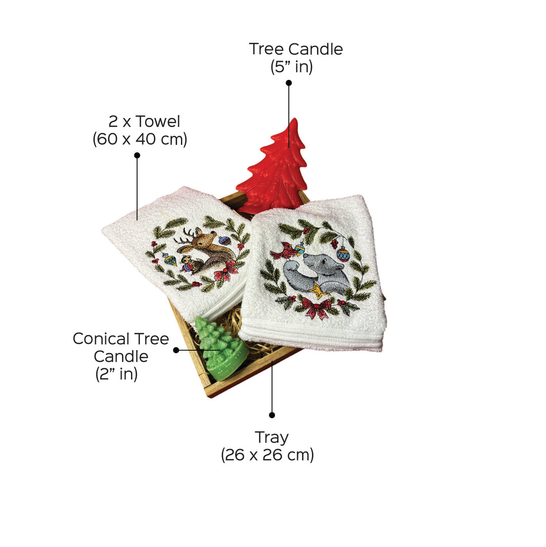 Personalized Reindeer,Chipmunk, Polar Bear And Cardinal Embroidered Towel & Candle Hamper | Xmas Gifting Ideas | Set Of 5