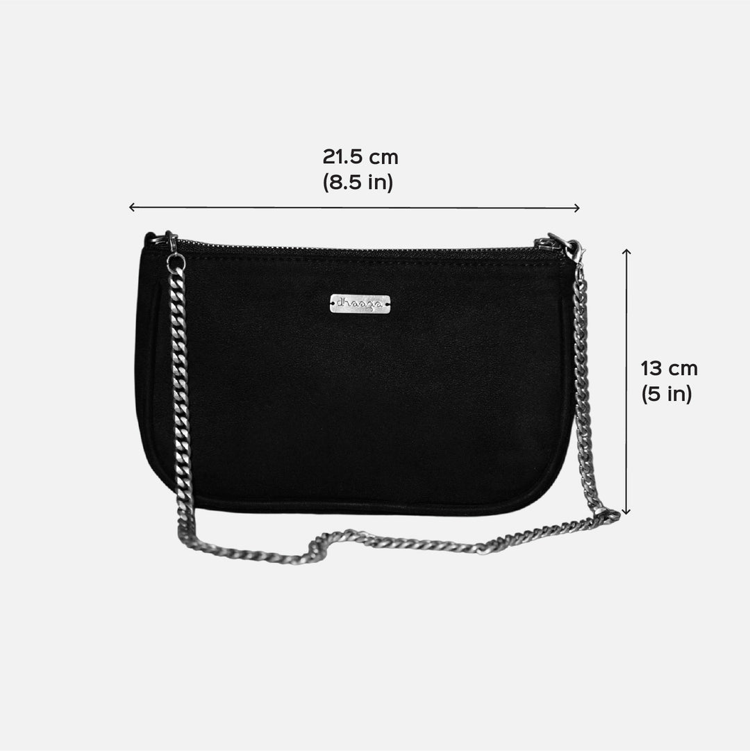 Hand Embroidered Rosette Black Baguette Bag