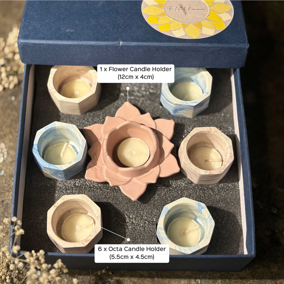 Handmade Veloura Glow Concrete Gift Hamper | Includes 1 Flower Candle Holder, 6 Octa Deep Candle Holders