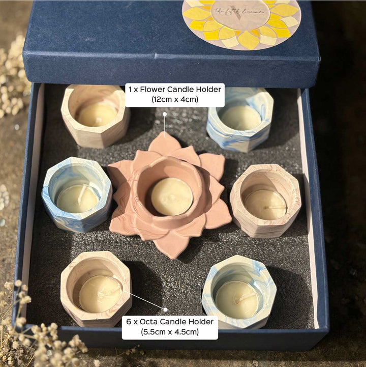 Handmade Veloura Glow Concrete Gift Hamper | Includes 1 Flower Candle Holder, 6 Octa Deep Candle Holders