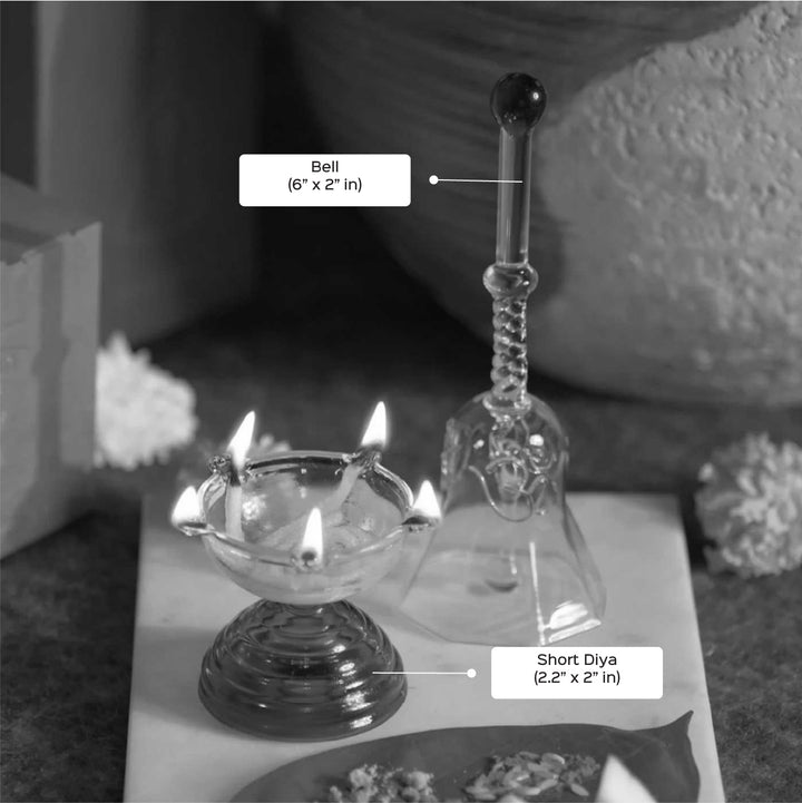Durable Glass Short Prayer Gift Hamper | Includes Diya And Ringing Bell