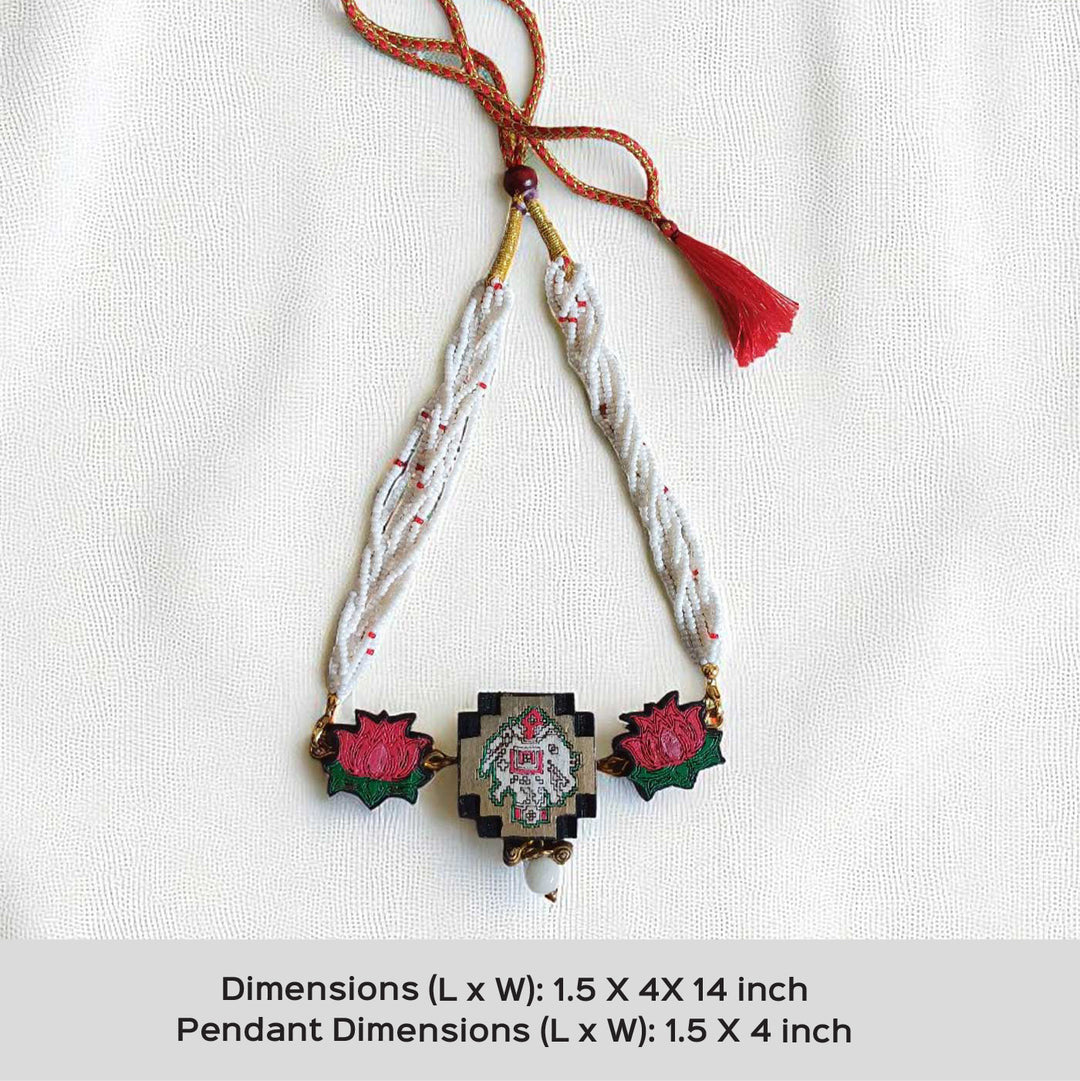 Handmade Elephant & Lotus Design Wooden Necklace