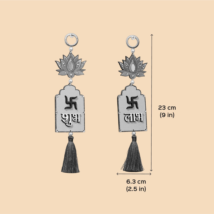 2 Pc | Hand-Painted Mini Jhorkha Lotus Design MDF Shubh Labh Hangings With Tassel