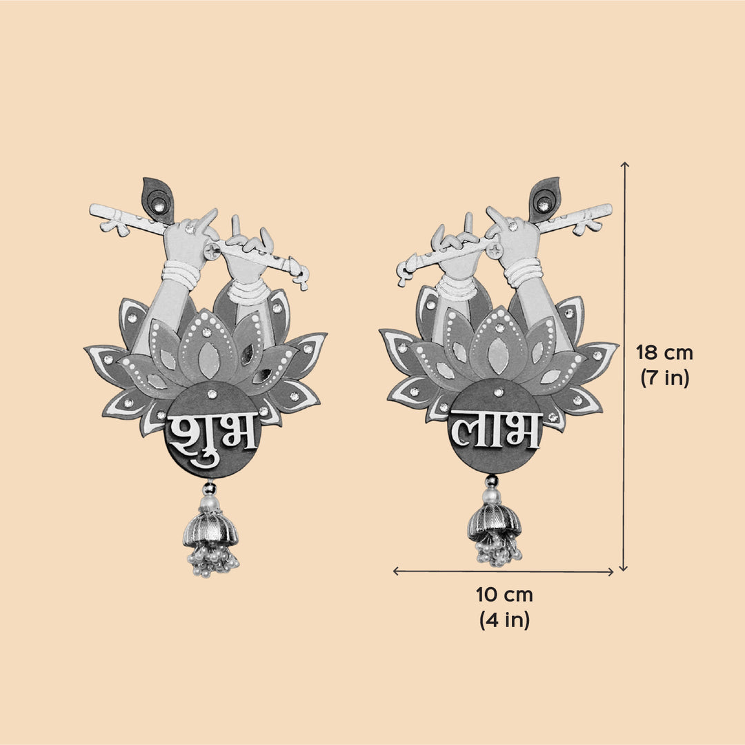 2 Pc | Hand-Painted Krishna Flute Design MDF Shubh Labh Hangings