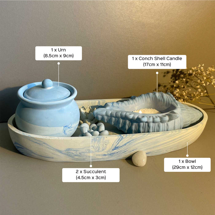 Handmade Luminous Concrete Gift Hamper | Includes 1 Ovoid Bowl Large, 1 Conch Shell Candle, 1 Urn, 2 Concrete Succulents