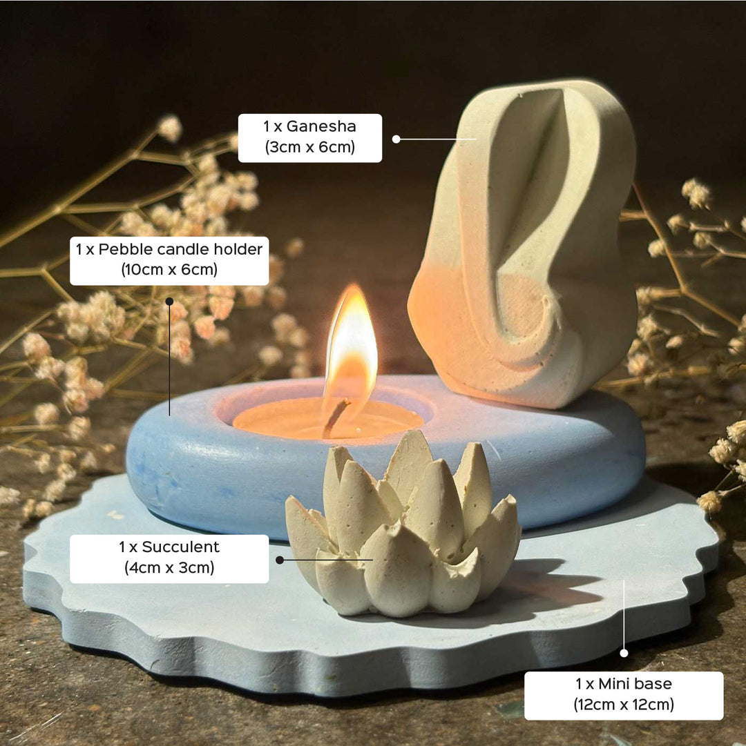 Handmade Solaria Concrete Gift Hamper | Includes 1 Pebble Candle Holder, 1 Small Ganesha, 1 Succulent, 1 Mini Base