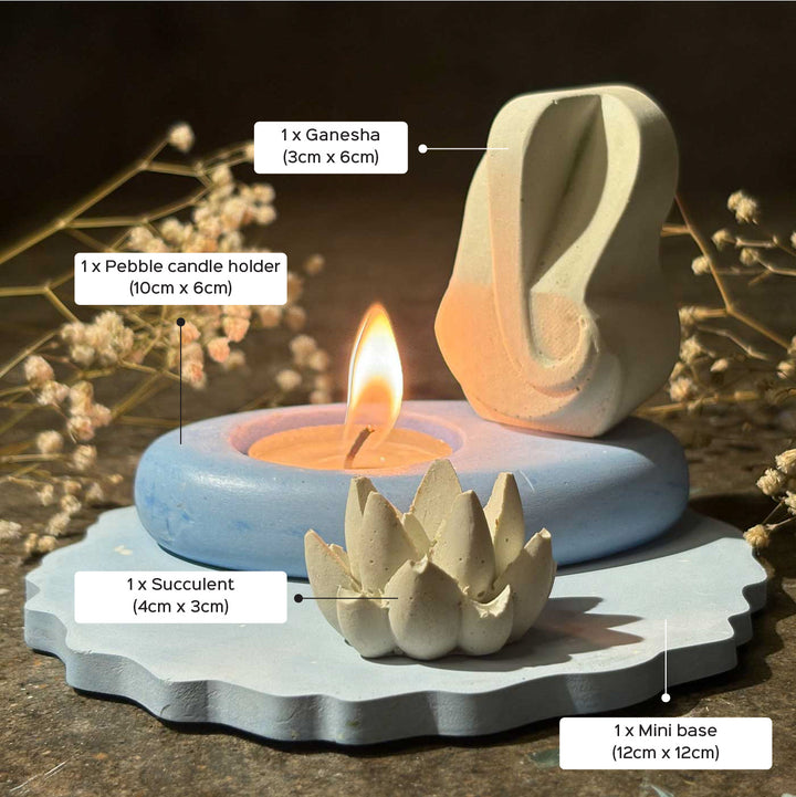 Handmade Solaria Concrete Gift Hamper | Includes 1 Pebble Candle Holder, 1 Small Ganesha, 1 Succulent, 1 Mini Base