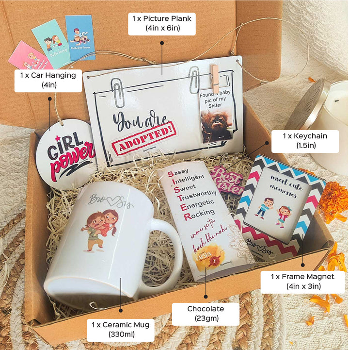 Photo Personalized Girl Power Rakhi Hamper For Sisters | Includes 1 Plaque, 1 Rakhi, 1 Chocolate, 1 Keychain, 1 Car Hanging, 1 Fridge Magnet & 1 Mug