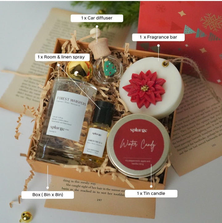 Handmade Soy Wax Christmas Gift Hamper | Includes 1 Room And Linen Spray, 1 Car Diffuser And Oil, 1 Fragrance Bar And 1 Tin Candle