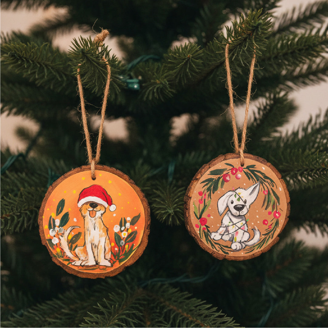 Hand-Painted Adorable Dogs Wooden Bark Ornaments For Christmas Tree Decoration | Set Of 2