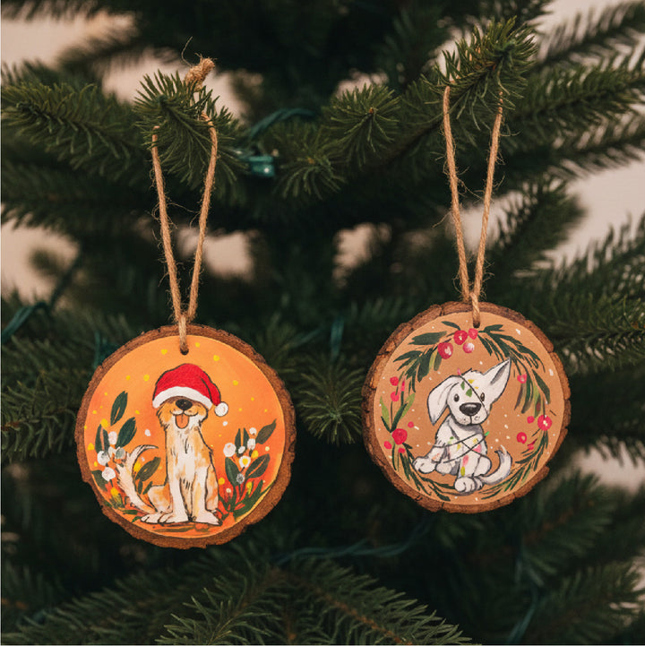 Hand-Painted Adorable Dogs Wooden Bark Ornaments For Christmas Tree Decoration | Set Of 2