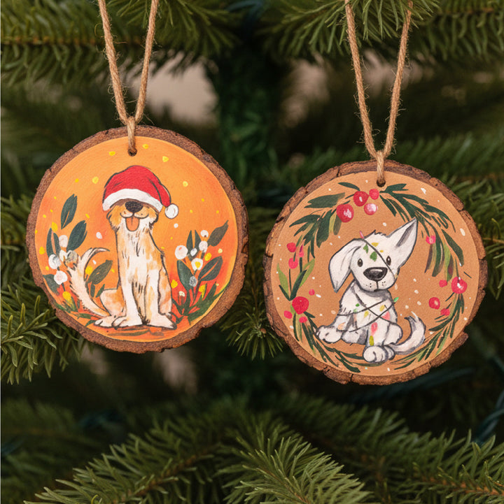 Hand-Painted Adorable Dogs Wooden Bark Ornaments For Christmas Tree Decoration | Set Of 2