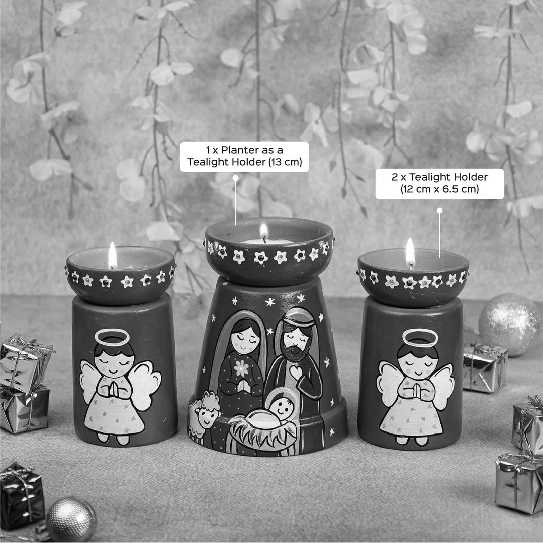 3 Pc | Hand Painted Holy Family Terracotta Tealight Holder Set