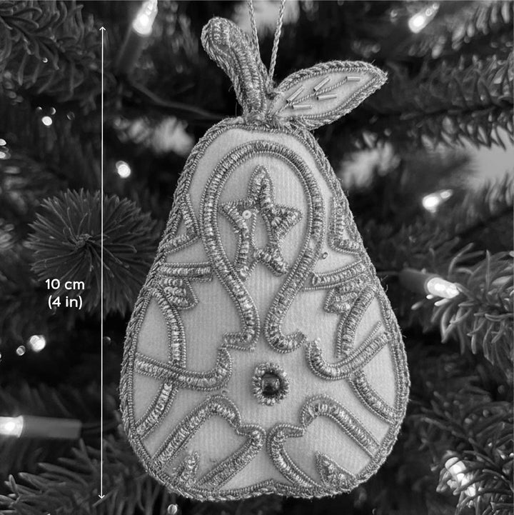 White And Gold Pear Premium Zardozi Ornament