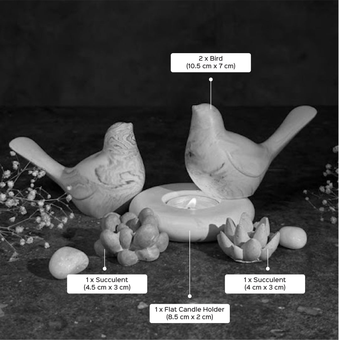 Handmade Concrete Twin Flame Hamper | Includes 2 Bird Centerpiece, 1 Candle Holder And 2 Succulents