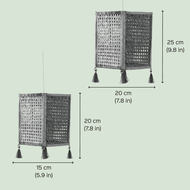 Golden & Green Zari Border Handmade Woven Bamboo Square Hanging Lampshade