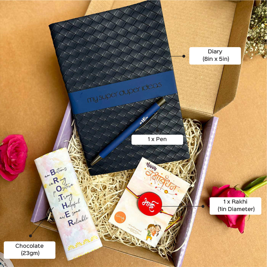 My Super Duper Ideas Rakhi Hamper For Brother Includes 1 Rakhi 1 Dairy 1 Pen And 1 Chocolate - Gift Box with Annotations