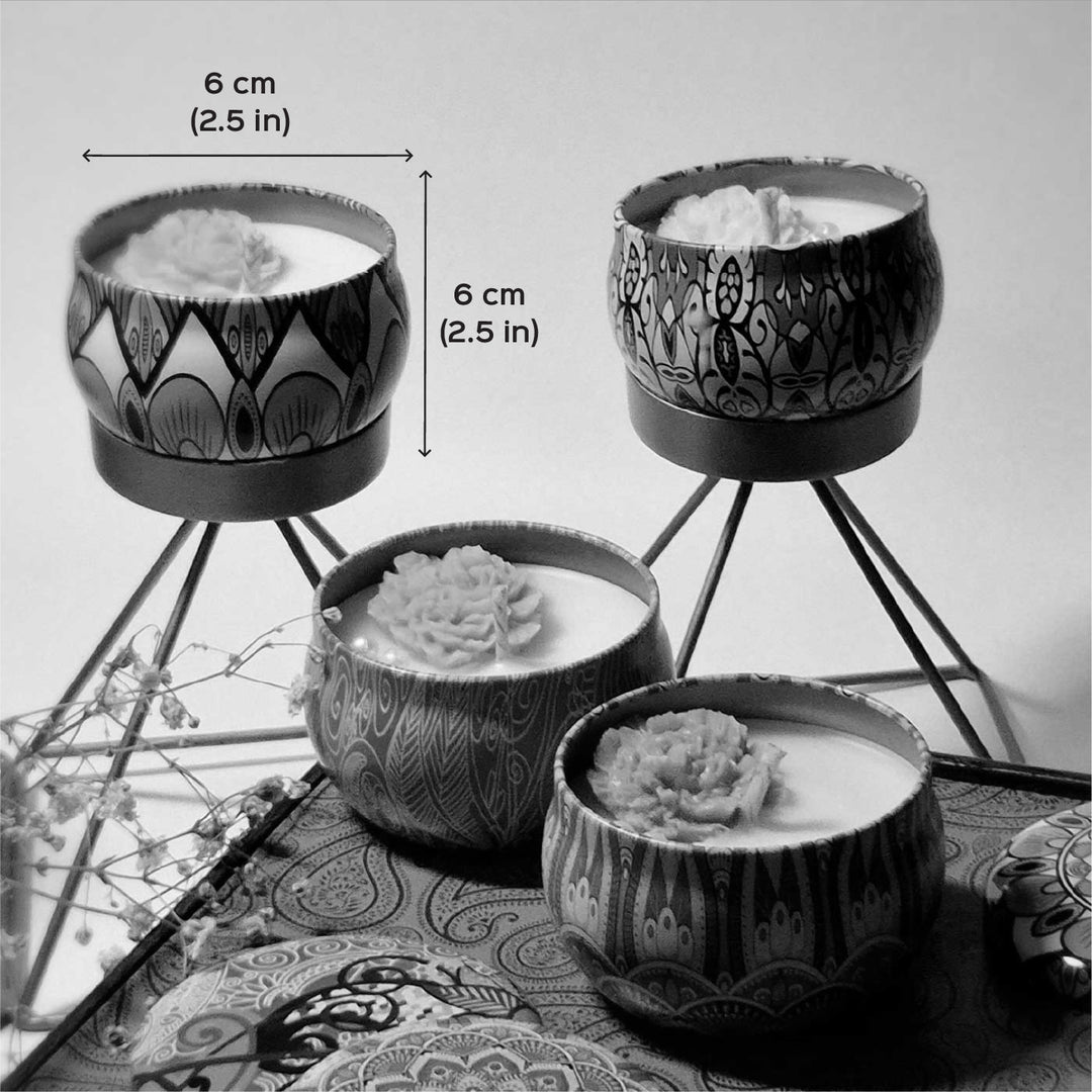 Set Of 4 | Handmade Mandala Design Tin Soy Wax Scented Candle