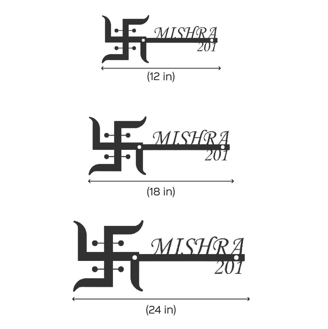 Personalized Swastik Laser Cut Metal Name Plate - Dimension Chart with Size Variations