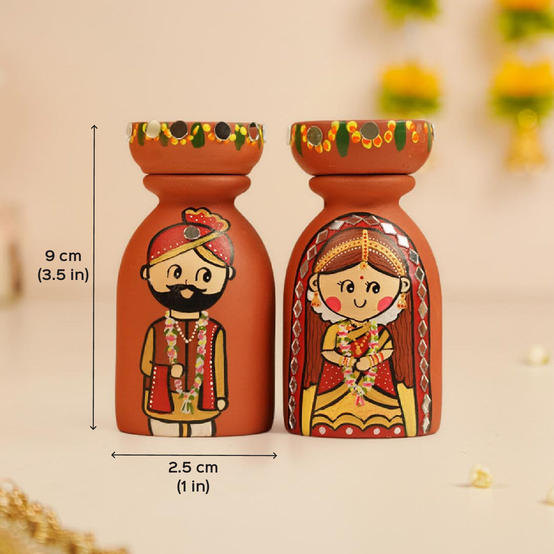 2 Pc | Mirror Work Wedding Couple Handpainted Terracotta Tealight Holders