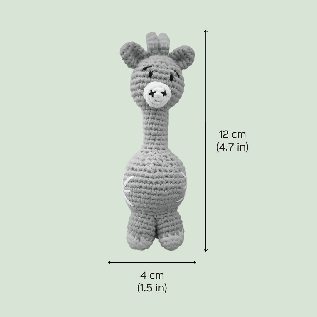 Handmade Crochet Giraffe Theme Kids Rakhi And Toy Combo With Roli Chawal Set Of 2 - Front View with Dimensions