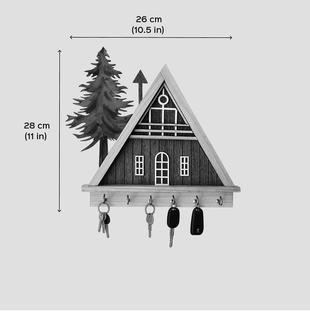 Hut And Tree Theme Wooden Key Holder | With 6 Hooks