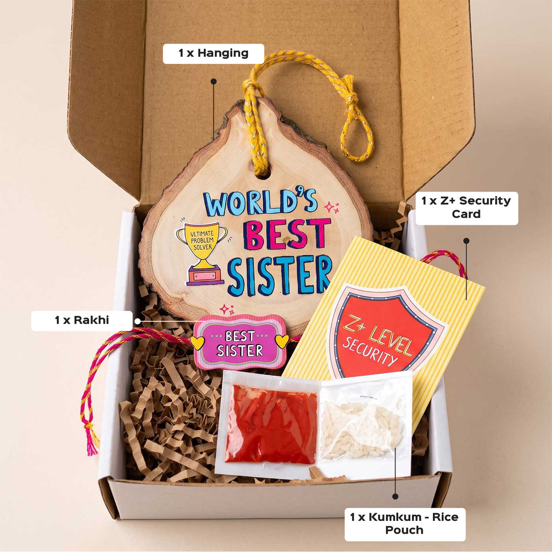 Wood Slice & Rakhi Gift Box With Kumkum Rice For Sister