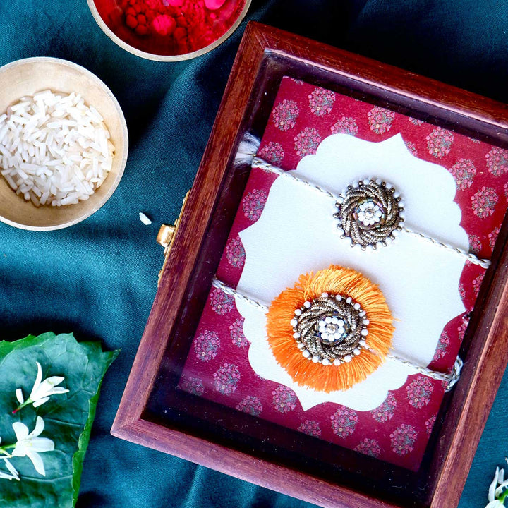 Handmade Zardozi Mustard And White Bead Work Bhaiya Bhabhi Rakhi With Wooden Box And Roli Chawal Set Of 2 - In Gift Box Packaging