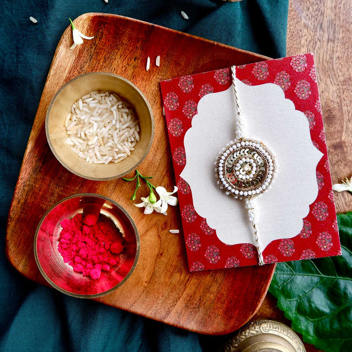 Handmade Zardozi White And Golden Rakhi With Wooden Box And Roli Chawal - Gift Wrapping with Rakhi on Top