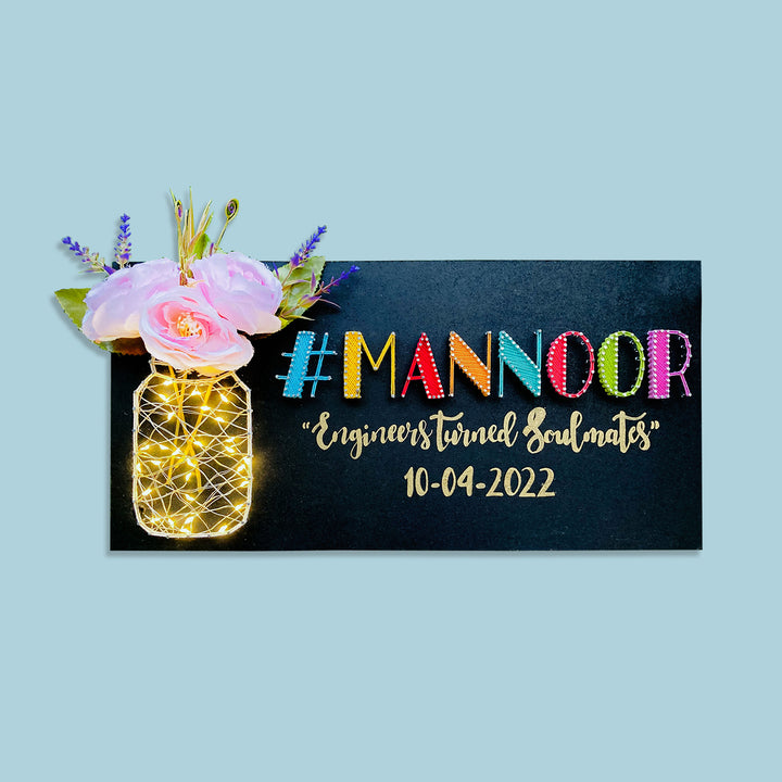 Mason Jar String Art Couple Hashtag Nameplate with Lights - Zwende
