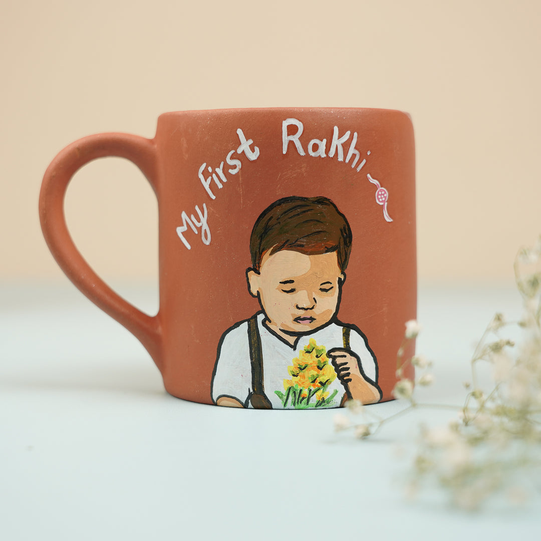 Photo Personalized Handmade My First Rakhi Hamper Includes 1 Mug 1 Rakhi - Front View with White Flowers