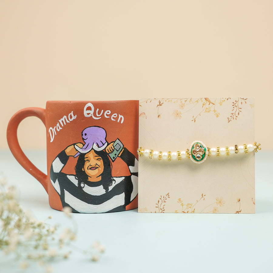 Photo Personalized Handmade Drama Queen Theme Rakhi Hamper Includes 1 Mug 1 Rakhi - Product Display with Rakhi