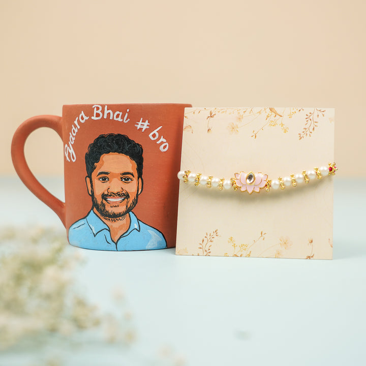 Photo Personalized Handmade Pyaara Bhai Theme Rakhi Hamper Includes 1 Mug 1 Rakhi - Front View with Rakhi
